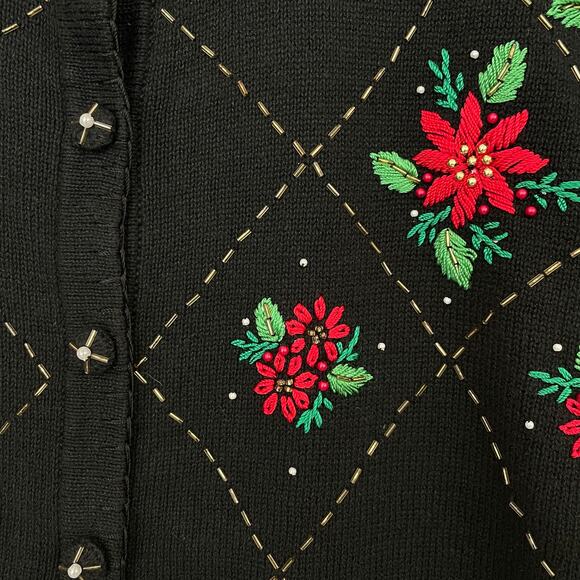 IB Diffusion Holiday Cardigan Sweater Women’s 3X Black Poinsettia Beaded - Picture 5 of 11